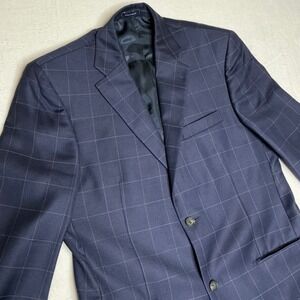 Paul Frederick Mens Navy Windowpane Wool Blazer Sport Coat Size 38R